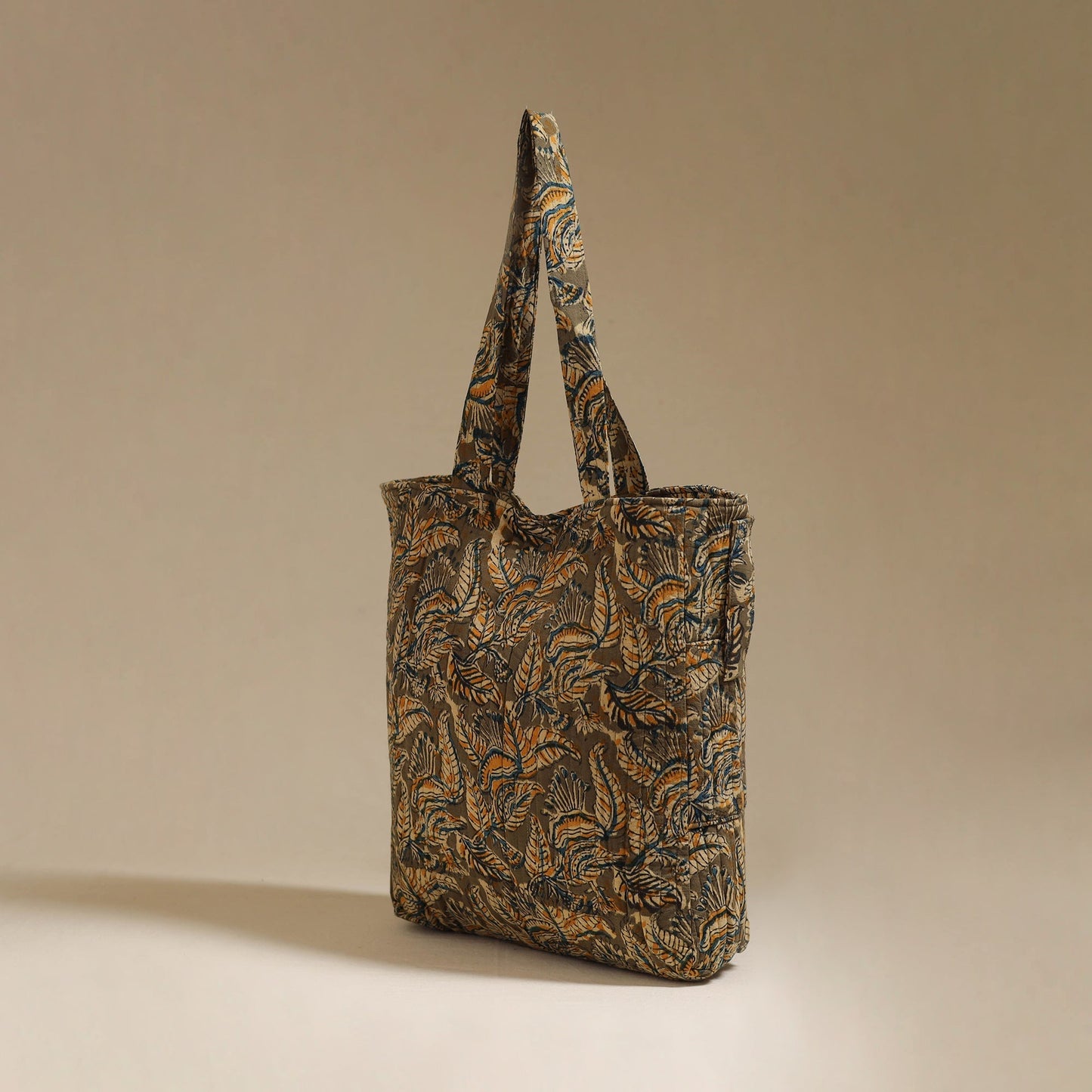 Handcrafted quilted kalamkari block printed fabric tote bag