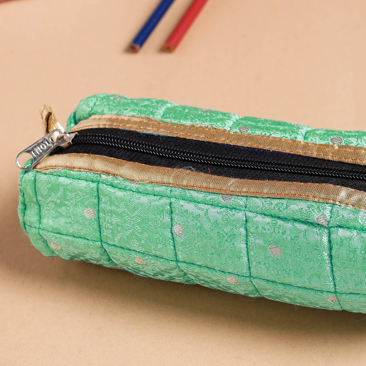 Green Handcrafted Quilted Pencil Pouch