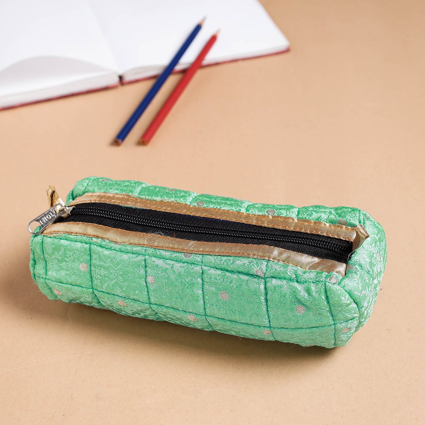 Green Handcrafted Quilted Pencil Pouch