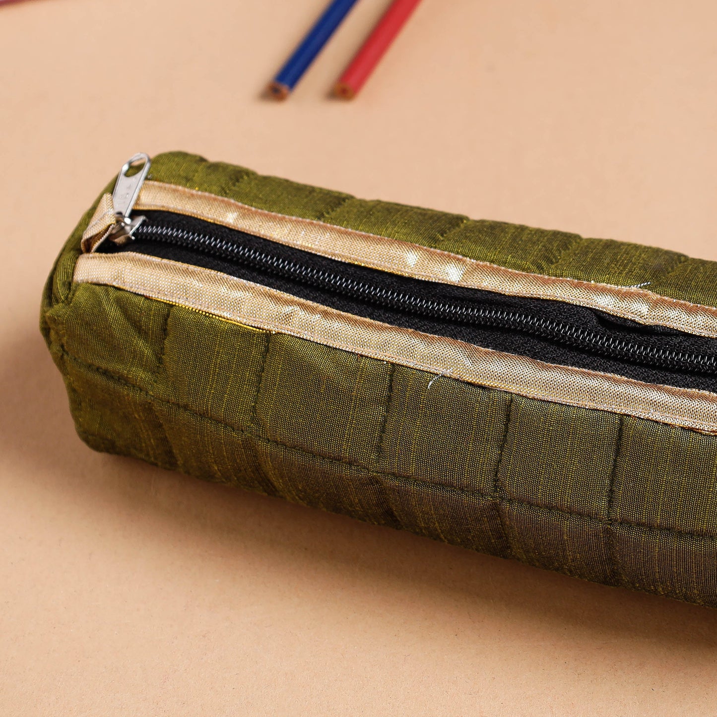 Green Handcrafted Quilted Pencil Pouch