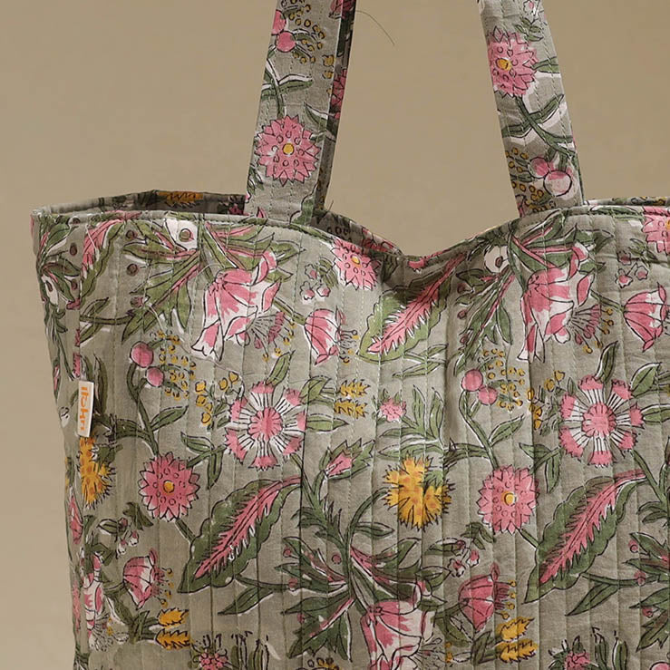 Handcrafted quilted sanganeri block printed fabric tote bag