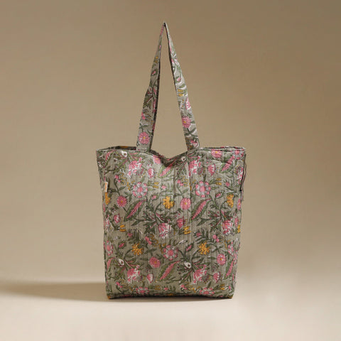 Handcrafted quilted sanganeri block printed fabric tote bag
