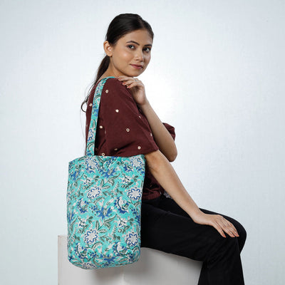 Green Handcrafted Quilted Sanganeri Block Printed Shoulder Bag