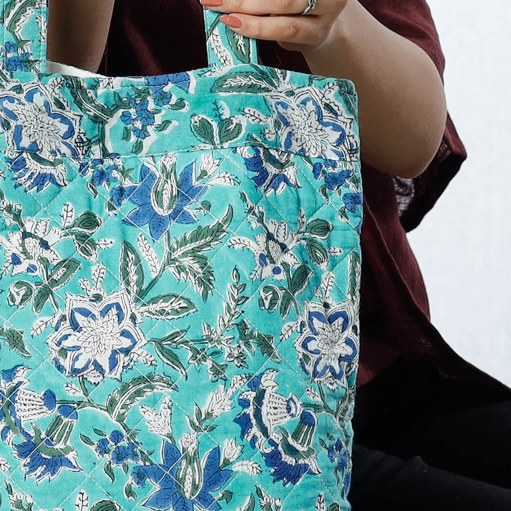 Green Handcrafted Quilted Sanganeri Block Printed Shoulder Bag