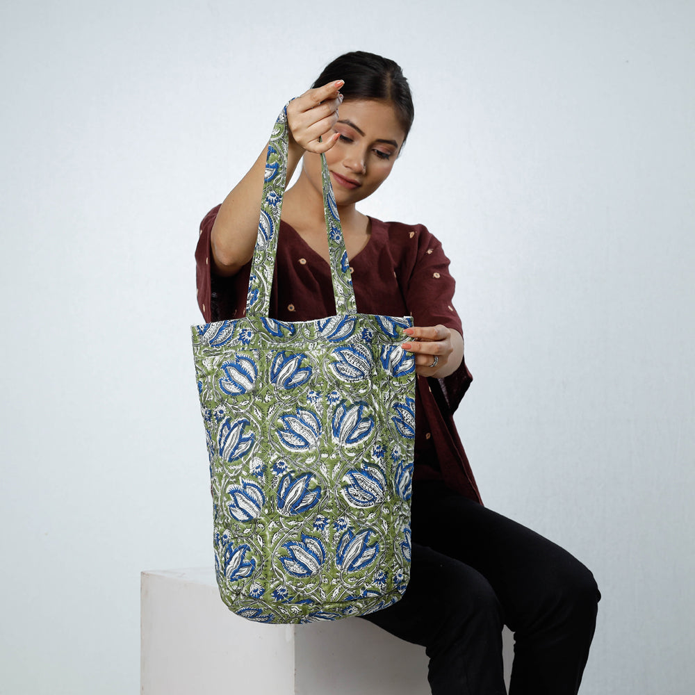 Green - Handcrafted Quilted Sanganeri Block Printed Shoulder Bag