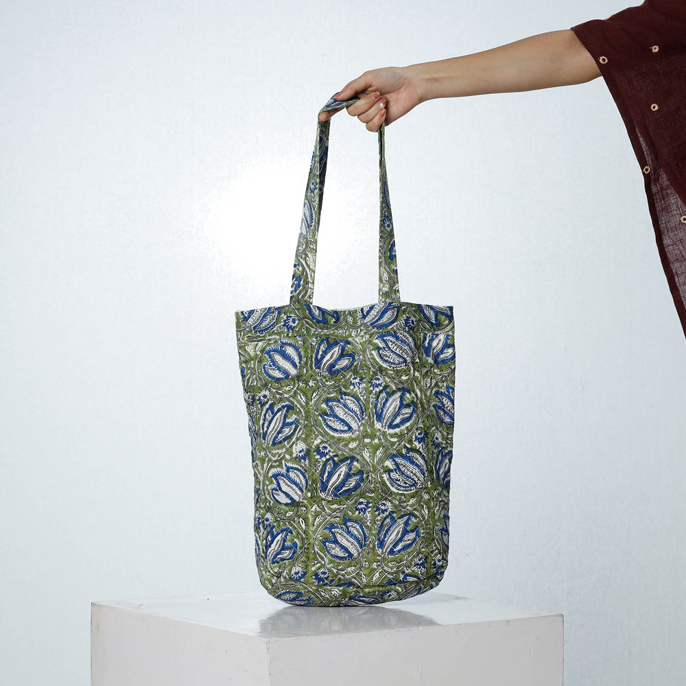 Green - Handcrafted Quilted Sanganeri Block Printed Shoulder Bag