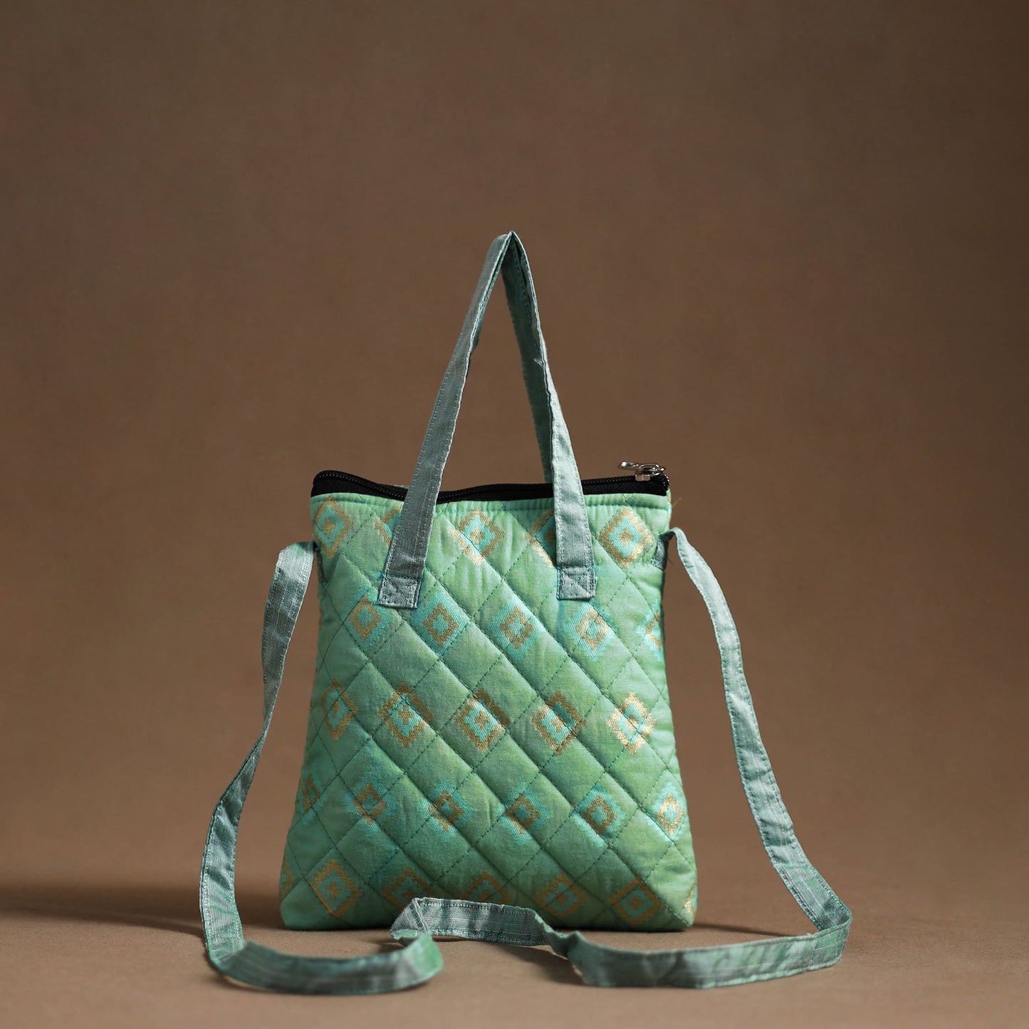 Green - handcrafted quilted silk sling bag 08