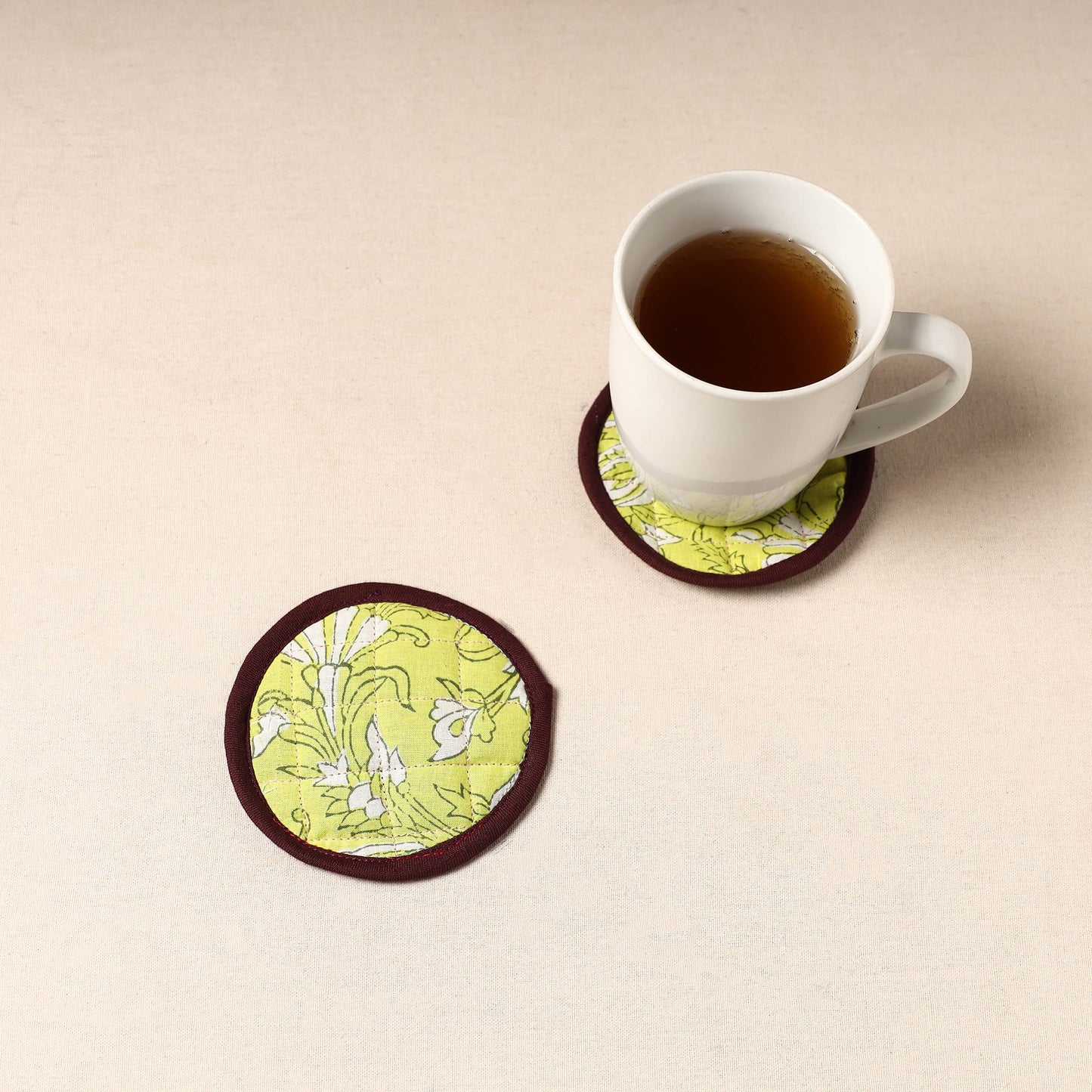 Green Handcrafted Sanganeri Print Coaster (Set of 2)