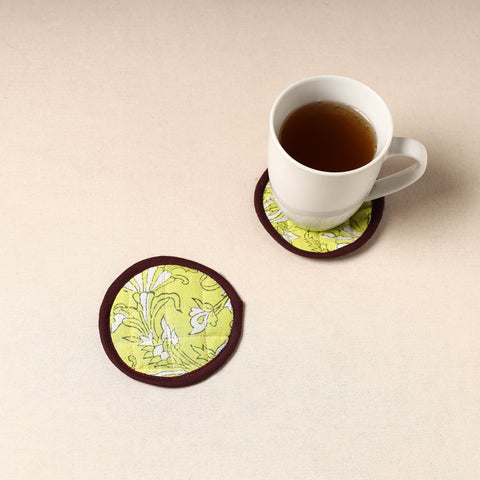 Green Handcrafted Sanganeri Print Coaster (Set of 2)