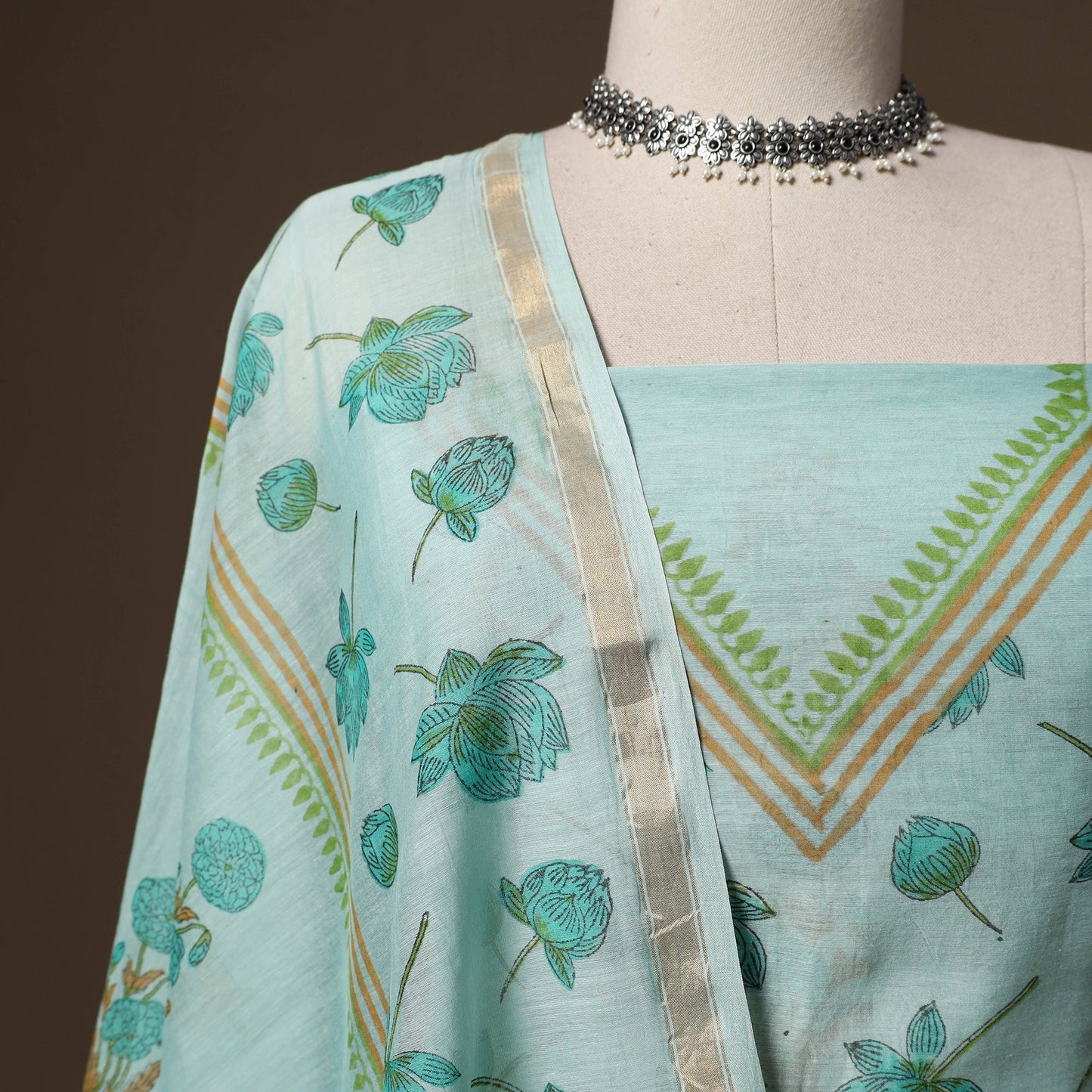 Handloom chanderi silk block print sanganeri 3pc unstitched