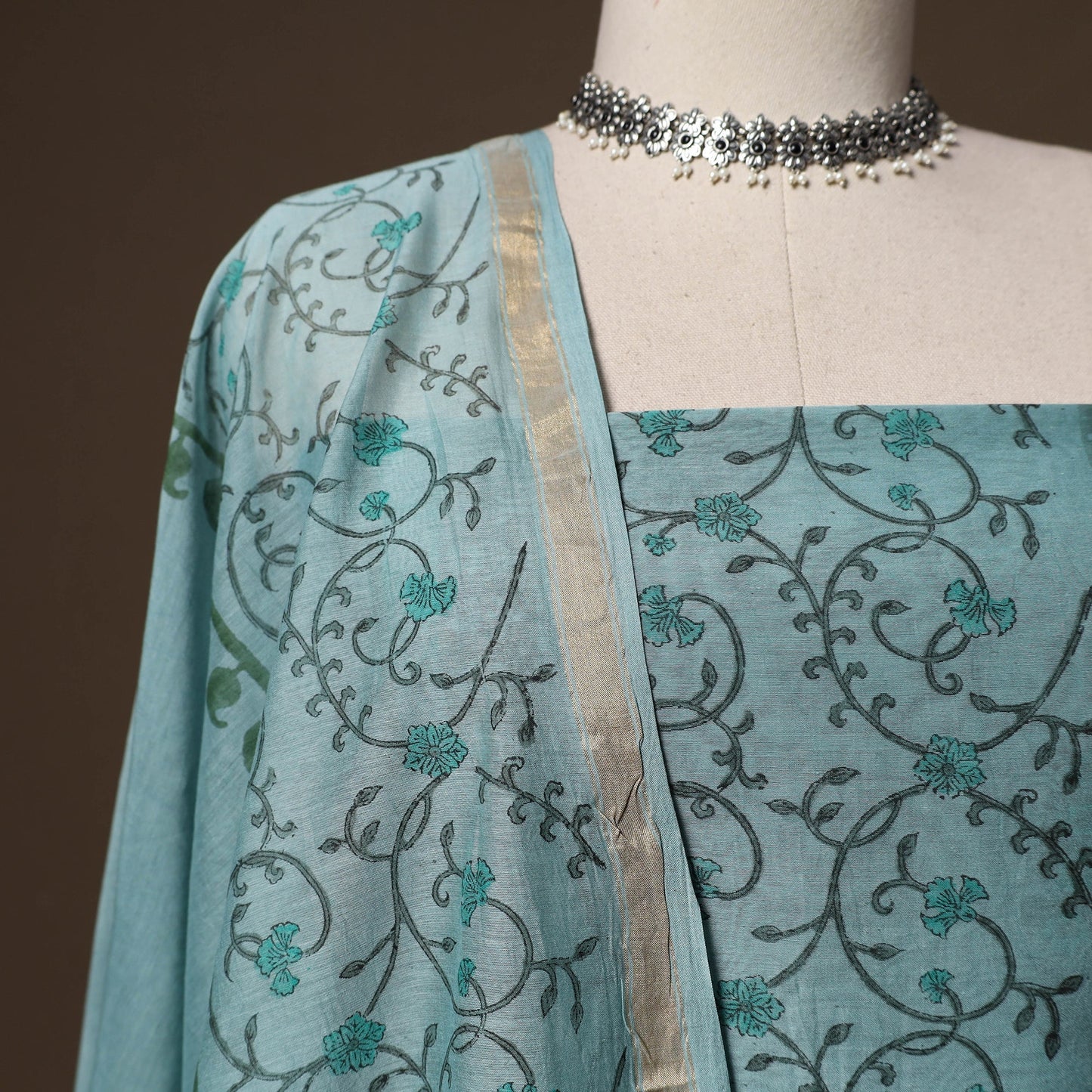 Handloom chanderi silk block print sanganeri 3pc unstitched