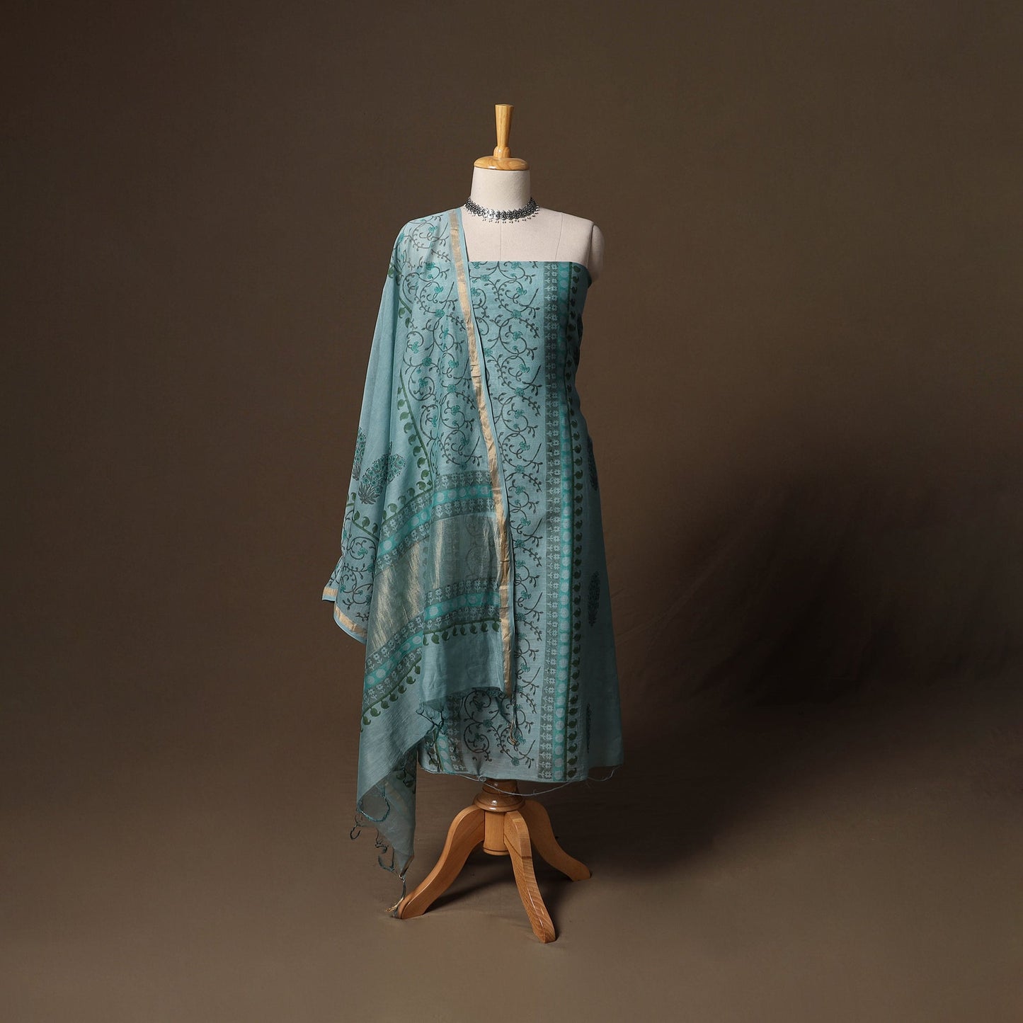 Handloom chanderi silk block print sanganeri 3pc unstitched