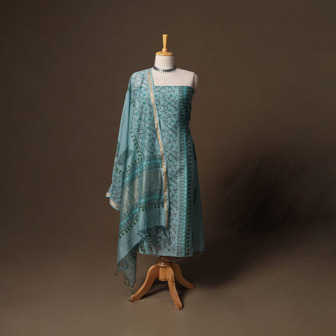 Handloom chanderi silk block print sanganeri 3pc unstitched
