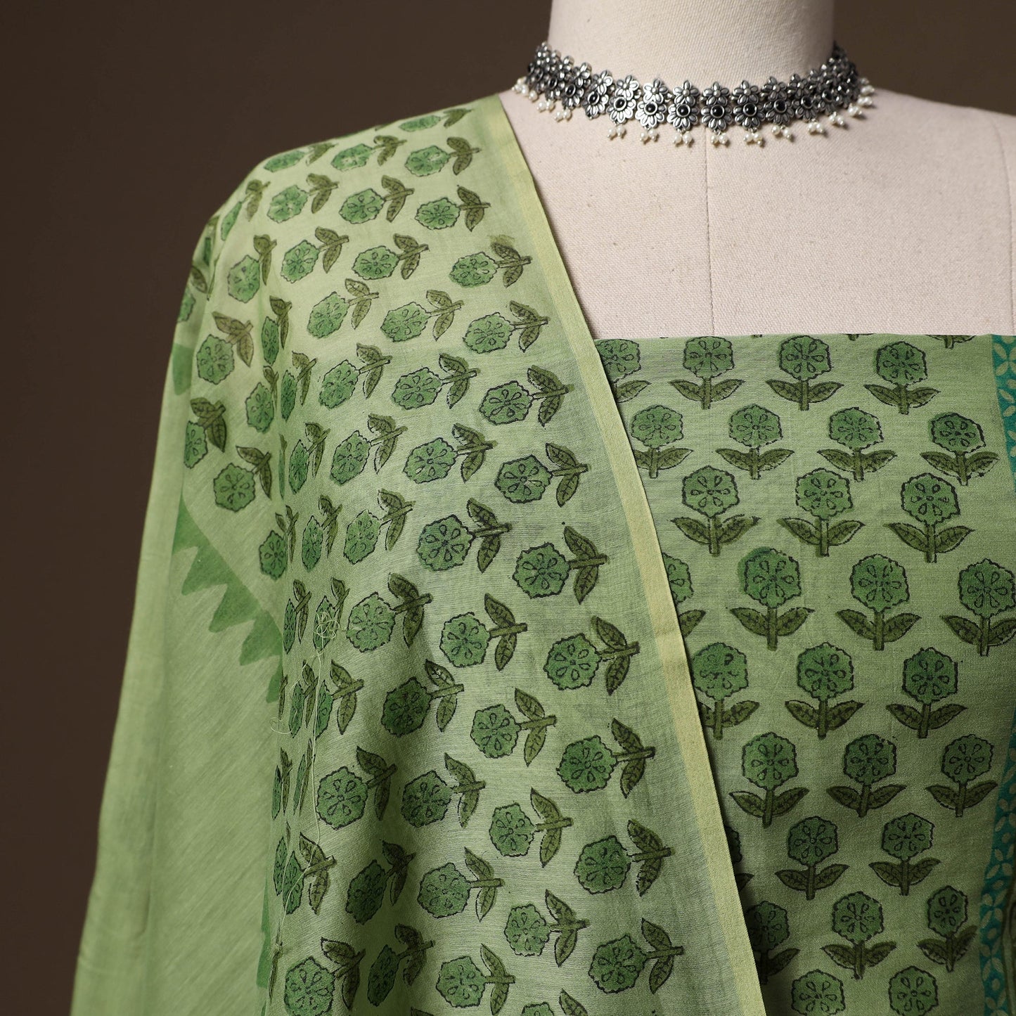 Handloom chanderi silk block print sanganeri 3pc unstitched