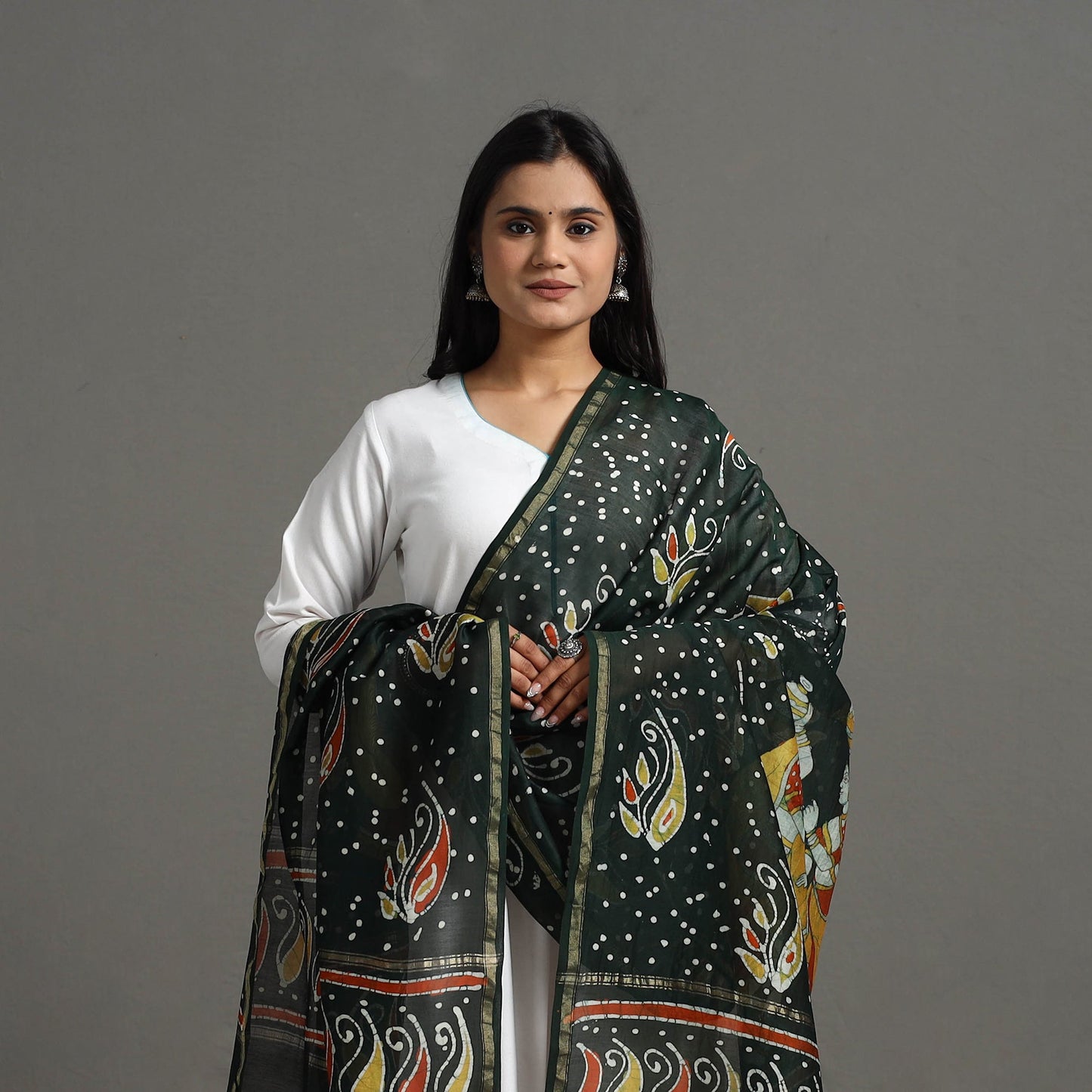  Handloom Chanderi Silk Hand Batik Printed Dupatta
