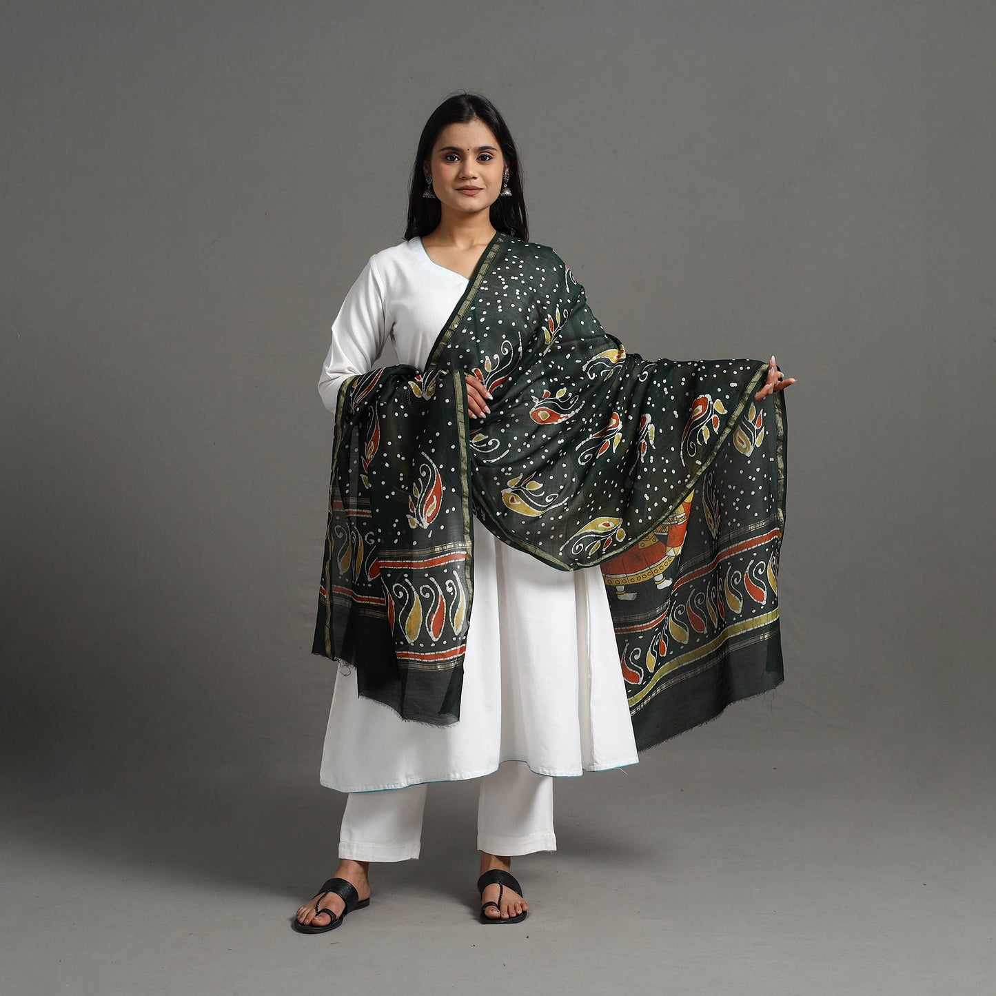  Handloom Chanderi Silk Hand Batik Printed Dupatta