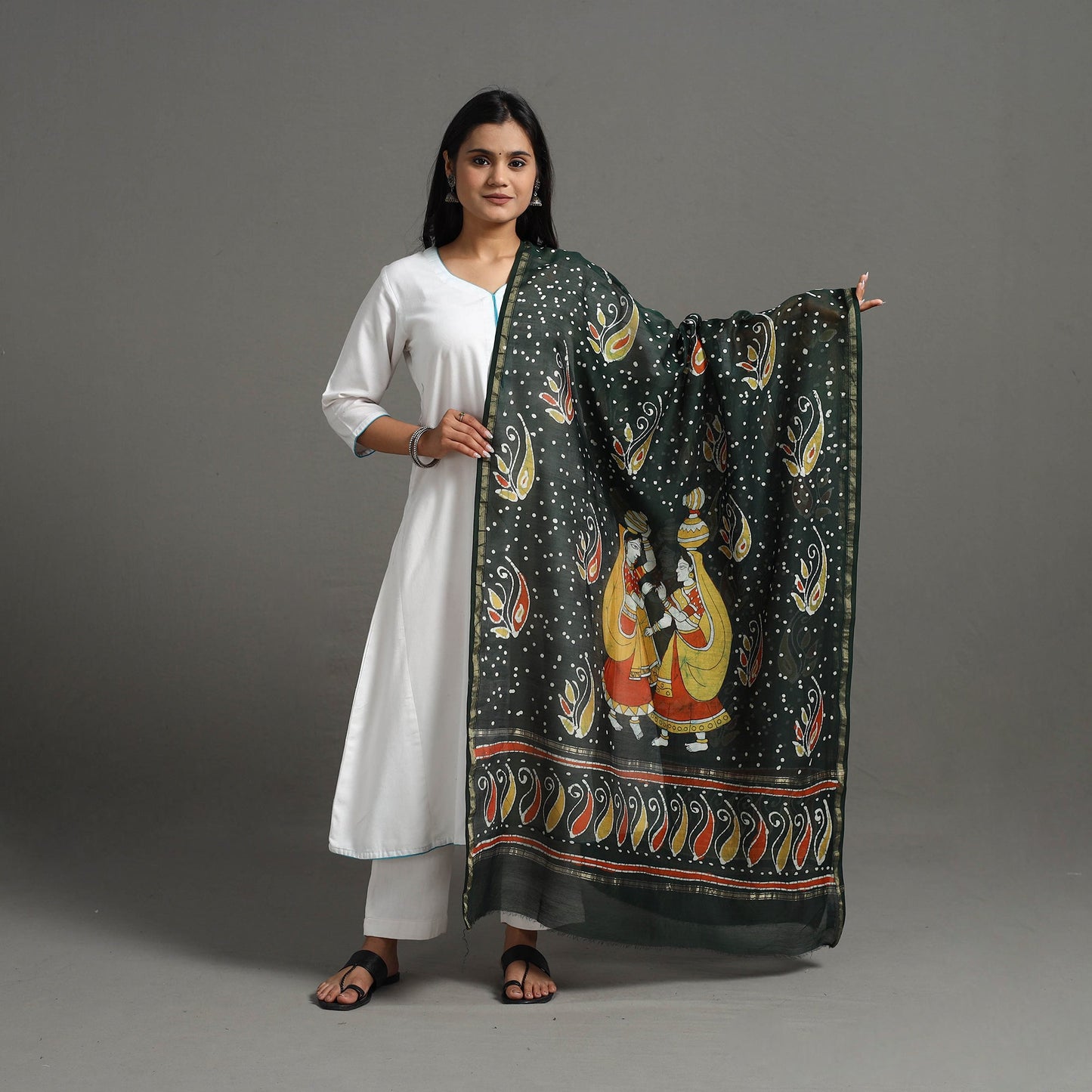  Handloom Chanderi Silk Hand Batik Printed Dupatta