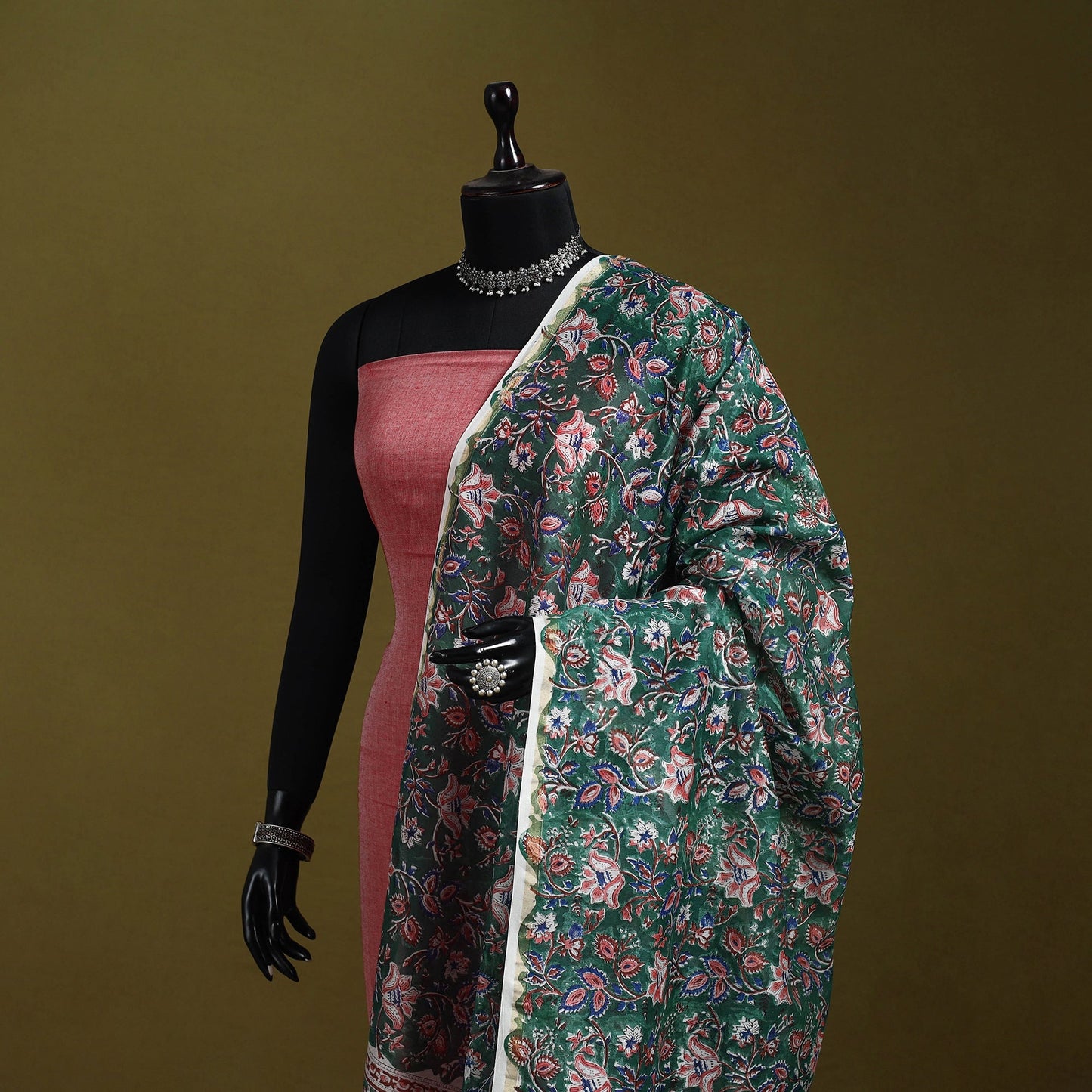 Green - handloom chanderi silk hand sanganeri dupatta 14