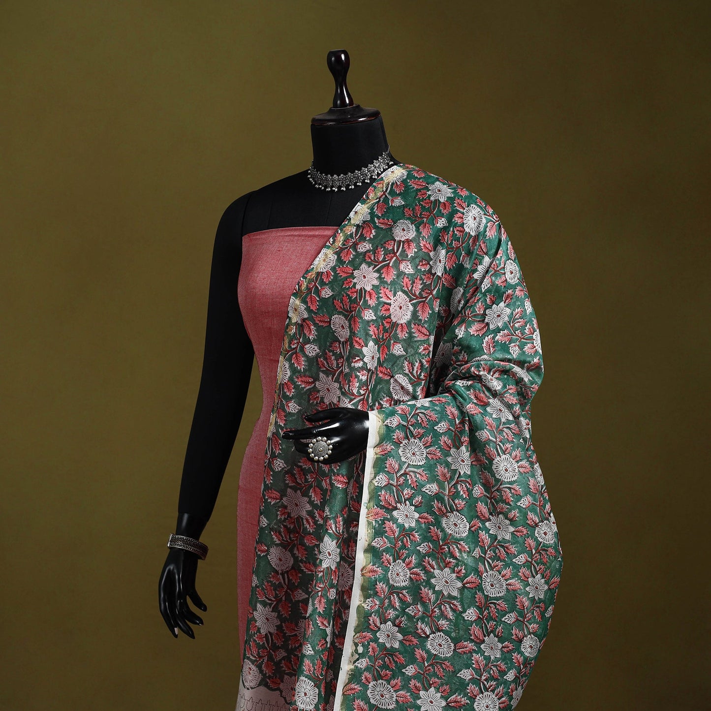 Green - handloom chanderi silk hand sanganeri dupatta 15