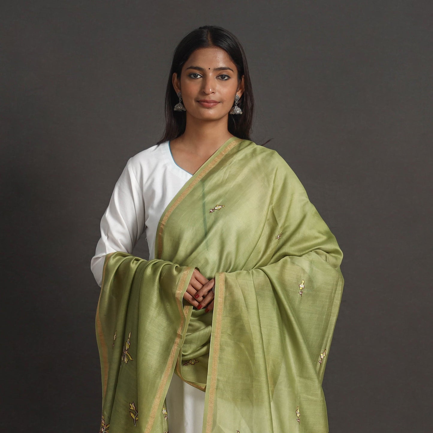 Green - handloom chanderi silk kashida embroidery dupatta