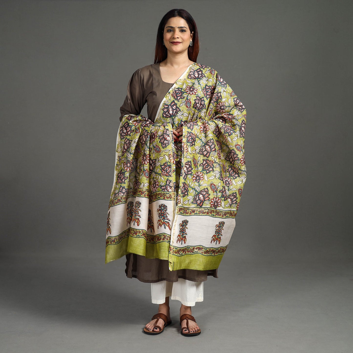 Buy Handloom Chanderi Silk Sanganeri Print Dupatta