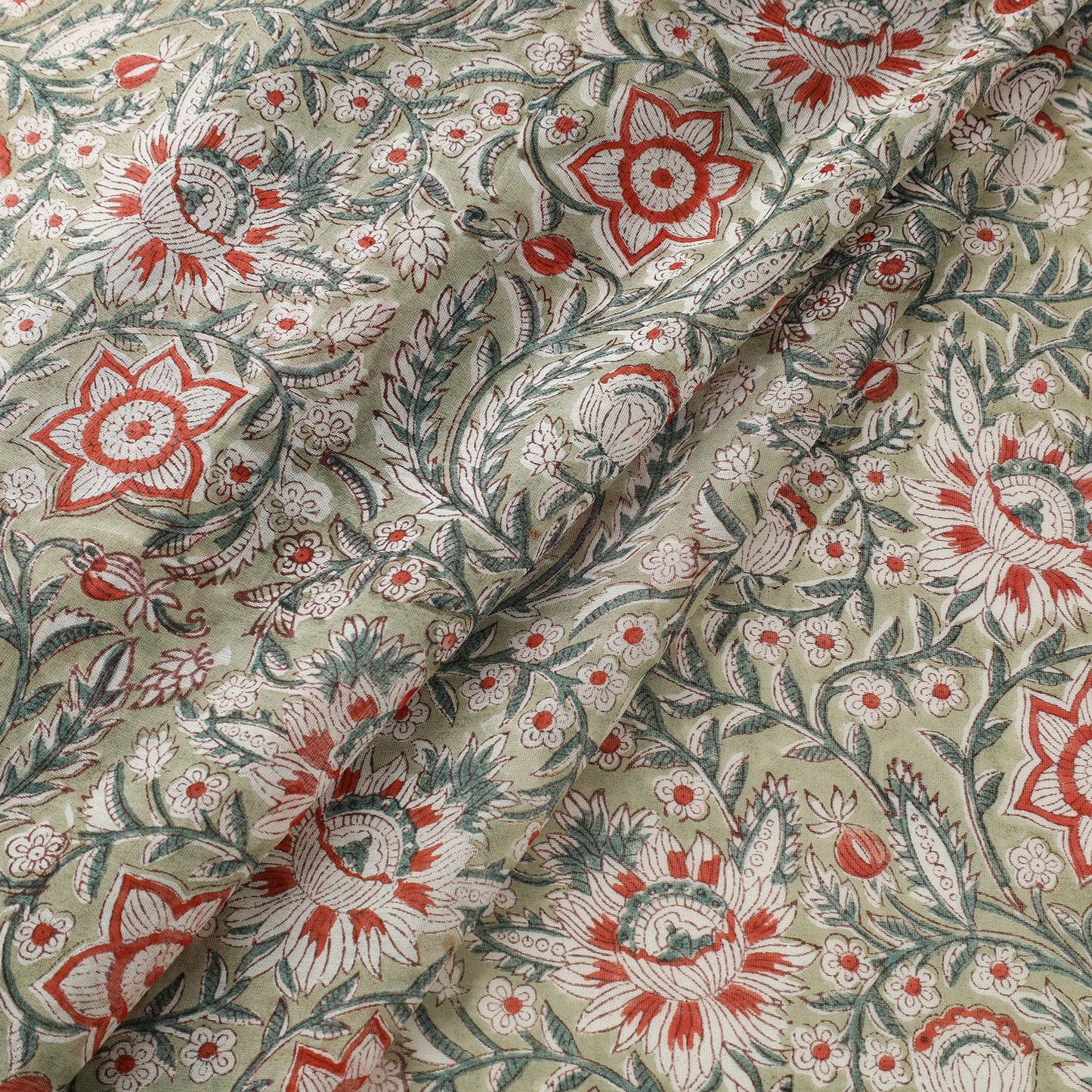 Grey Handloom Chanderi Silk Block Print Sanganeri Fabric