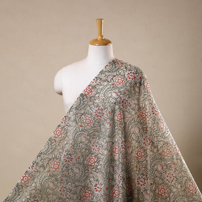 Grey Handloom Chanderi Silk Block Print Sanganeri Fabric