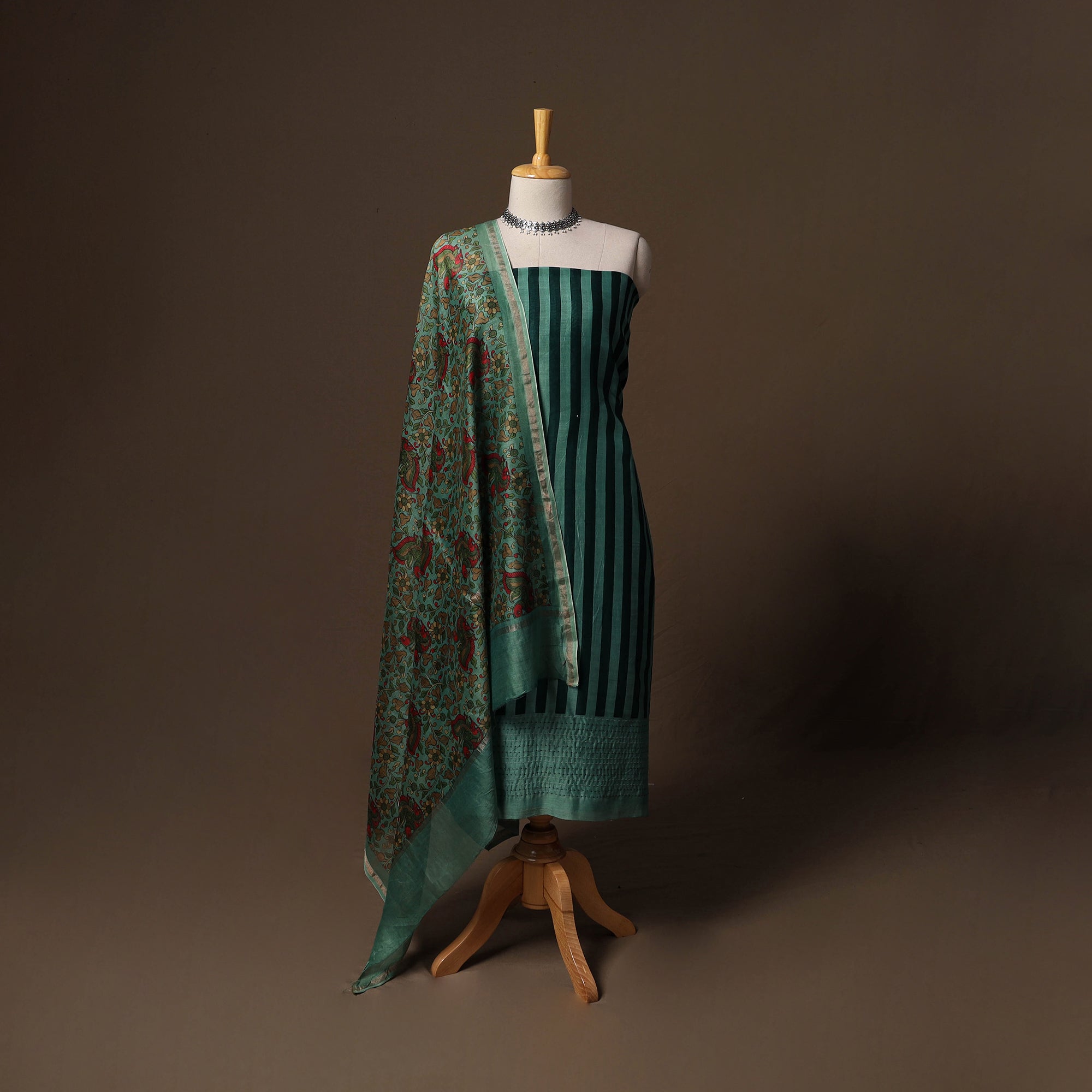 Handloom chanderi silk tagai work 3pc unstitched dress