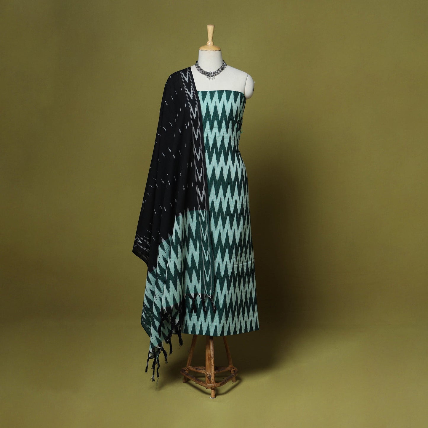 Green - handloom cotton 3pc pochampally ikat dress material