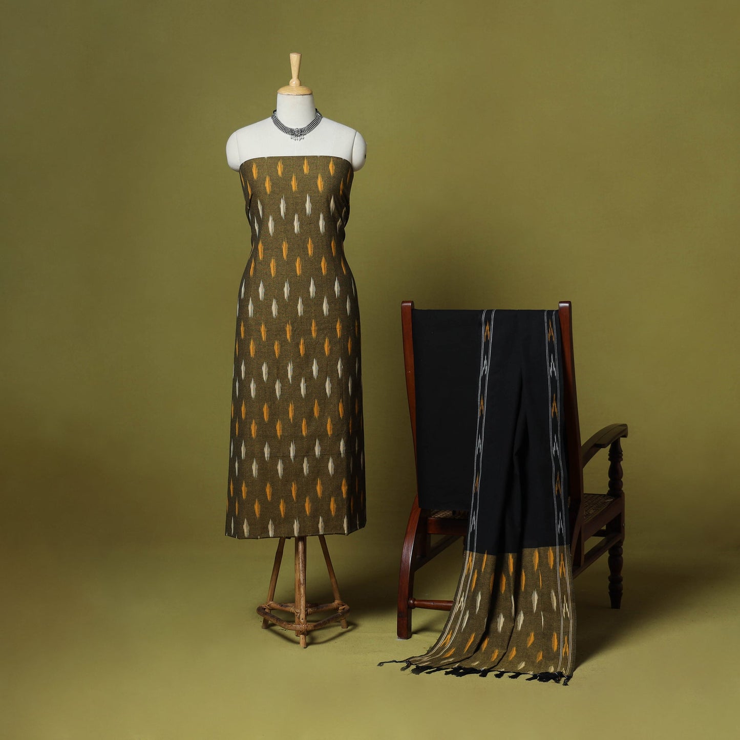 Green - handloom cotton 3pc pochampally ikat dress material