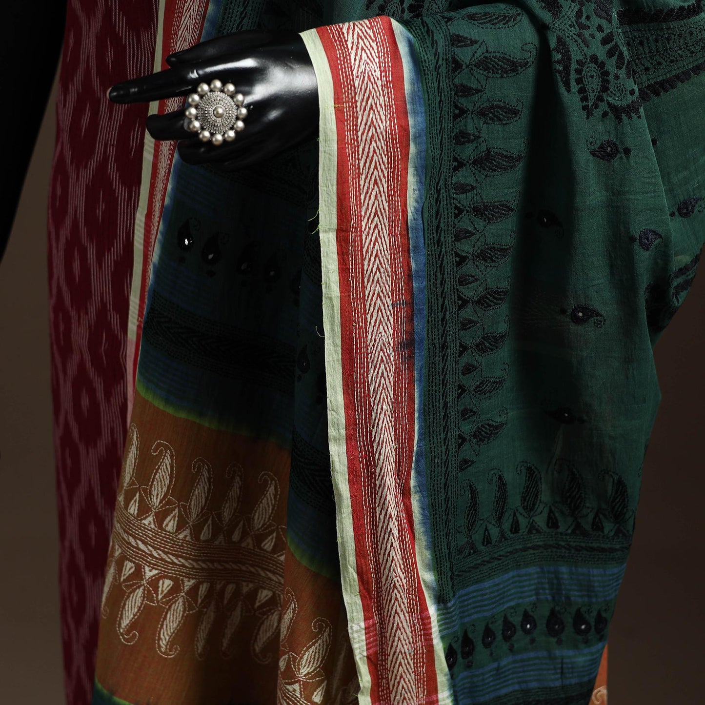 Green - handloom cotton bengal hand kantha work dupatta 03