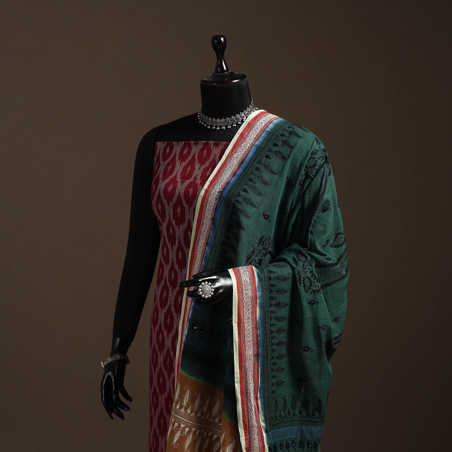 Green - handloom cotton bengal hand kantha work dupatta 03