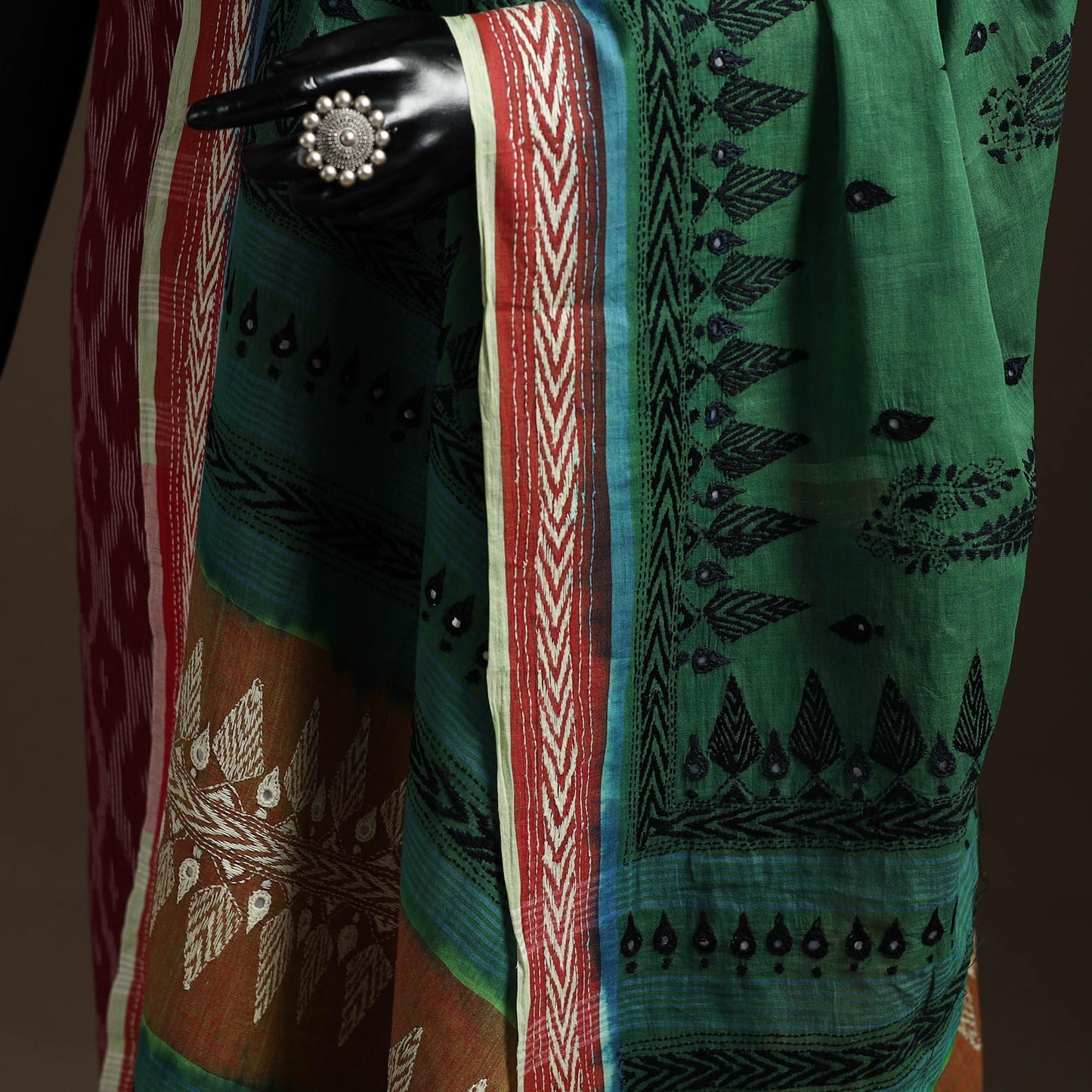 Green - handloom cotton bengal hand kantha work dupatta 12