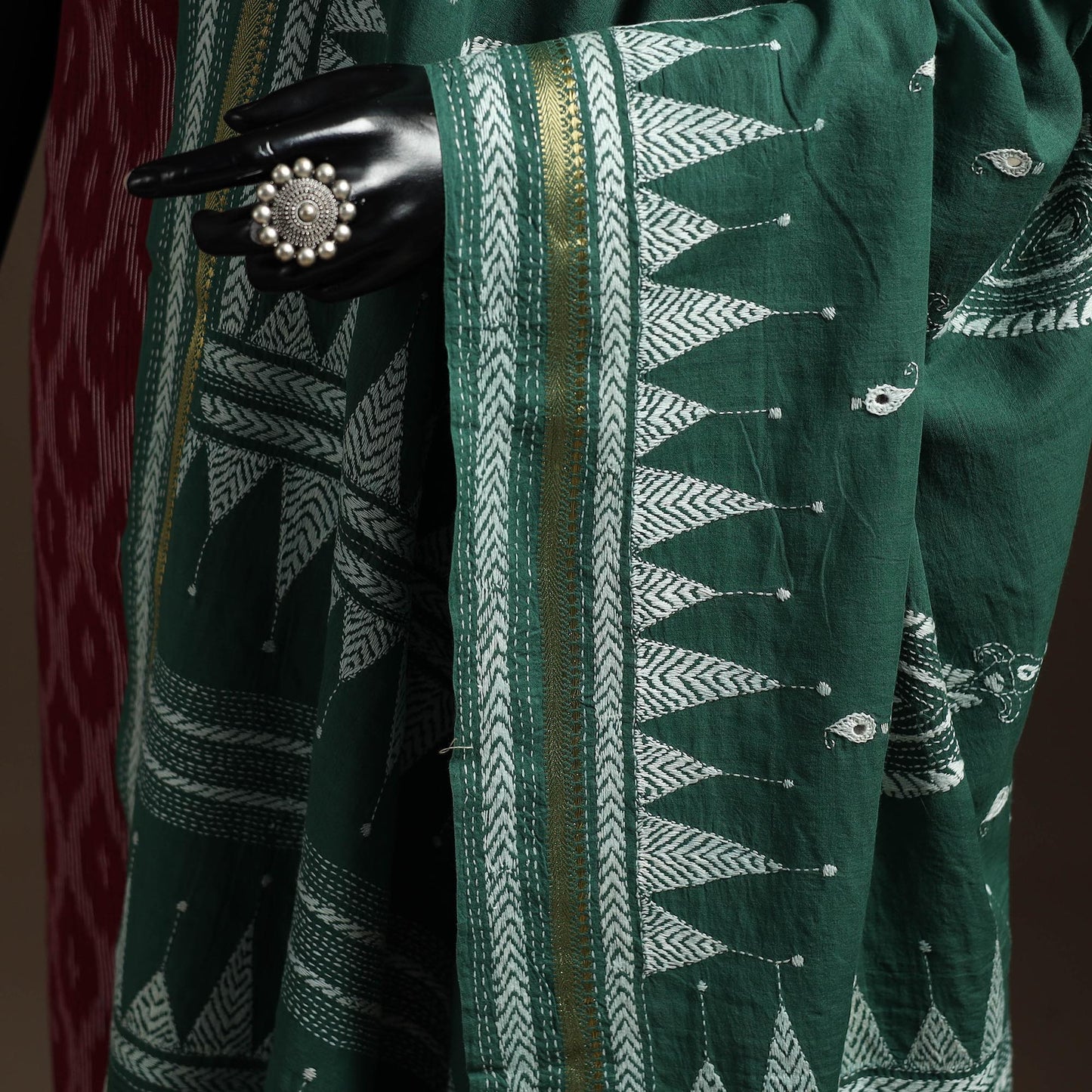 Green - handloom cotton bengal hand kantha work dupatta 13