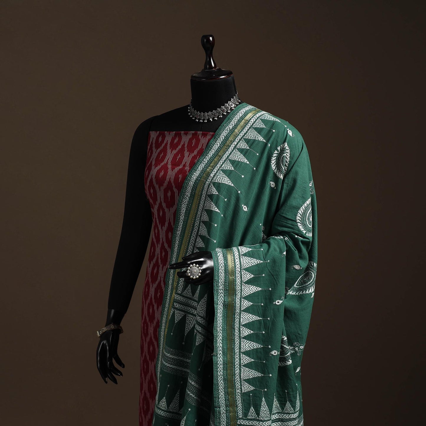 Green - handloom cotton bengal hand kantha work dupatta 13