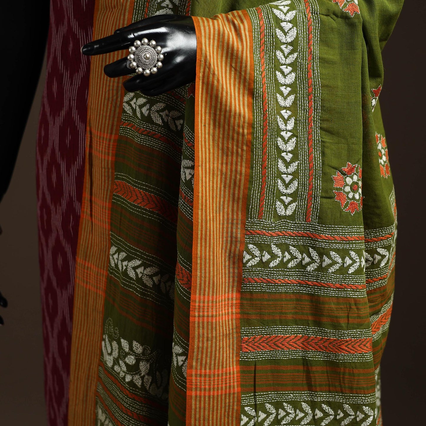 Green - handloom cotton bengal hand kantha work dupatta 28