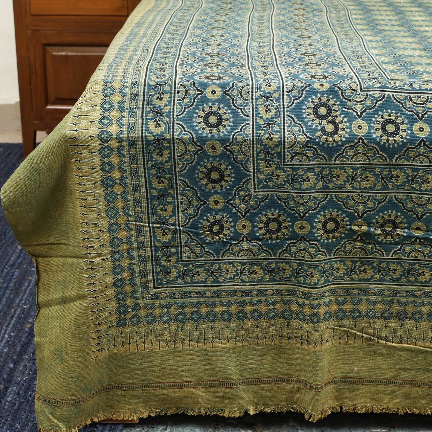 Green Handloom Cotton Block Print Double Ajrakh Bed Sheet
