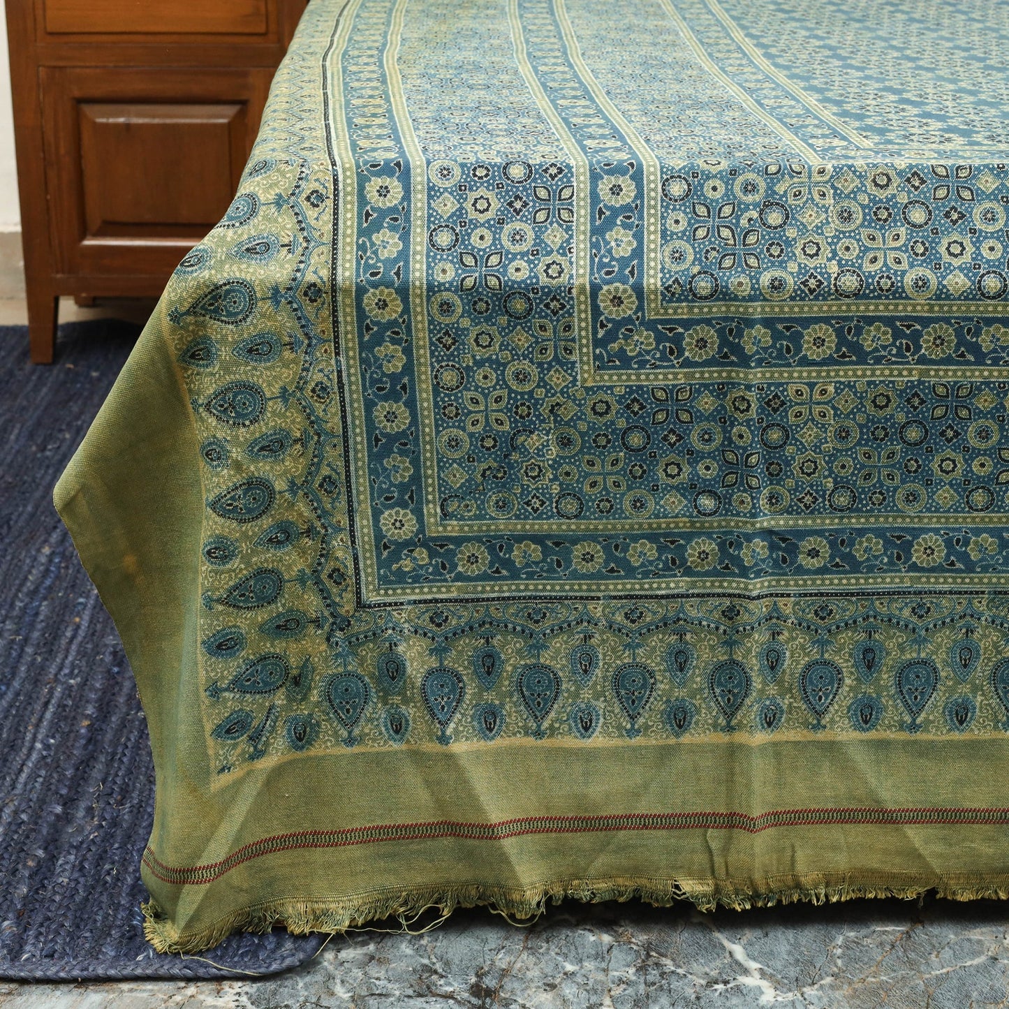 Green Handloom Cotton Block Print Double Ajrakh Bed Sheet