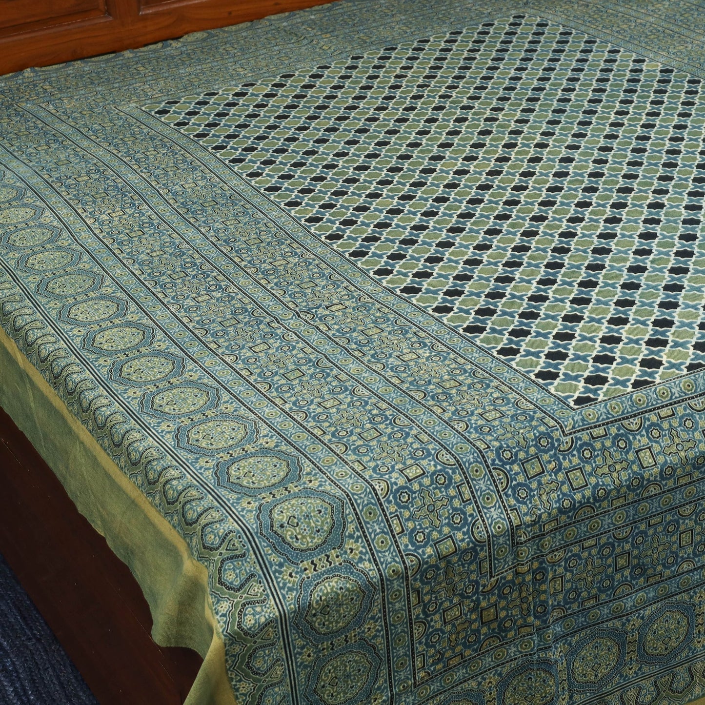 Green Handloom Cotton Block Print Double Ajrakh Bed Sheet