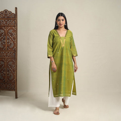Handloom Cotton Mirror Work Green Straight Mangalagiri Kurta for Women