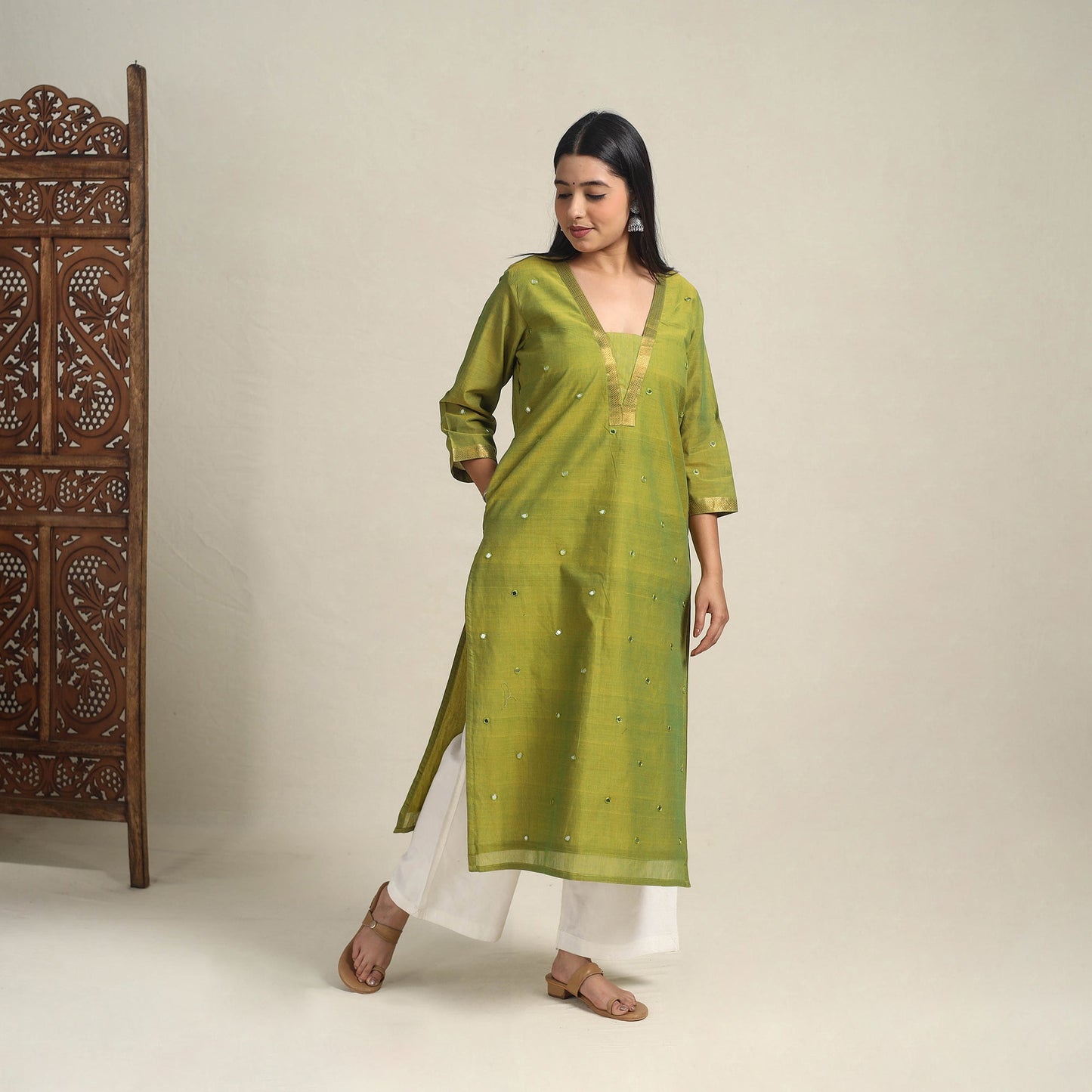 Handloom Cotton Mirror Work Green Straight Mangalagiri Kurta for Women