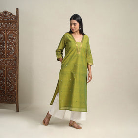 Handloom Cotton Mirror Work Green Straight Mangalagiri Kurta for Women