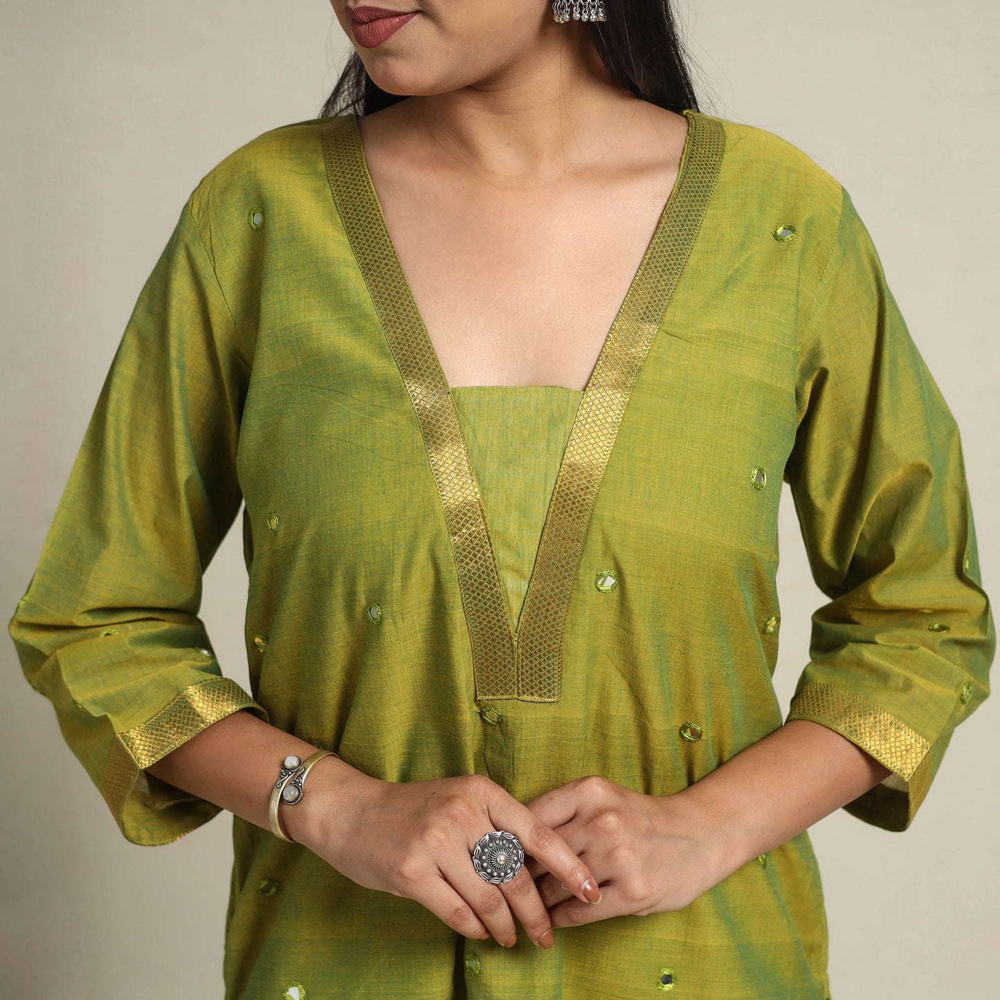 Handloom Cotton Mirror Work Green Straight Mangalagiri Kurta for Women