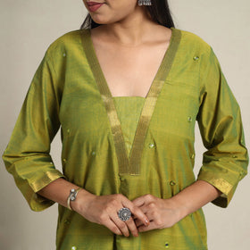Handloom Cotton Mirror Work Green Straight Mangalagiri Kurta for Women