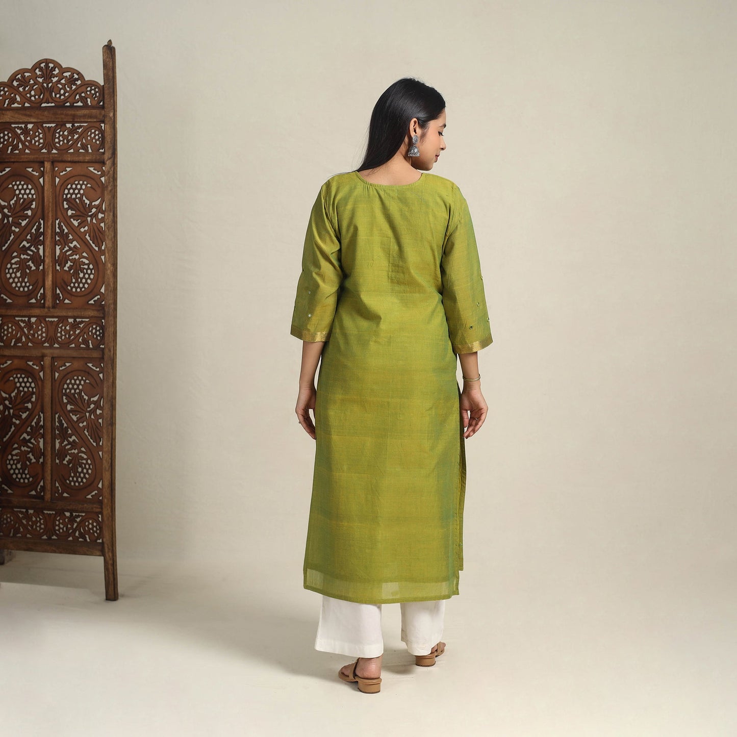 Handloom Cotton Mirror Work Green Straight Mangalagiri Kurta for Women