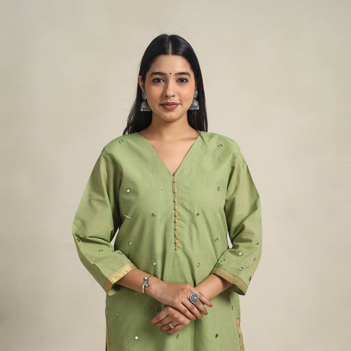 Handloom Cotton Mirror Work Green Straight Mangalagiri Kurta for Women