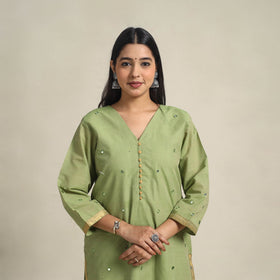 Handloom Cotton Mirror Work Green Straight Mangalagiri Kurta for Women