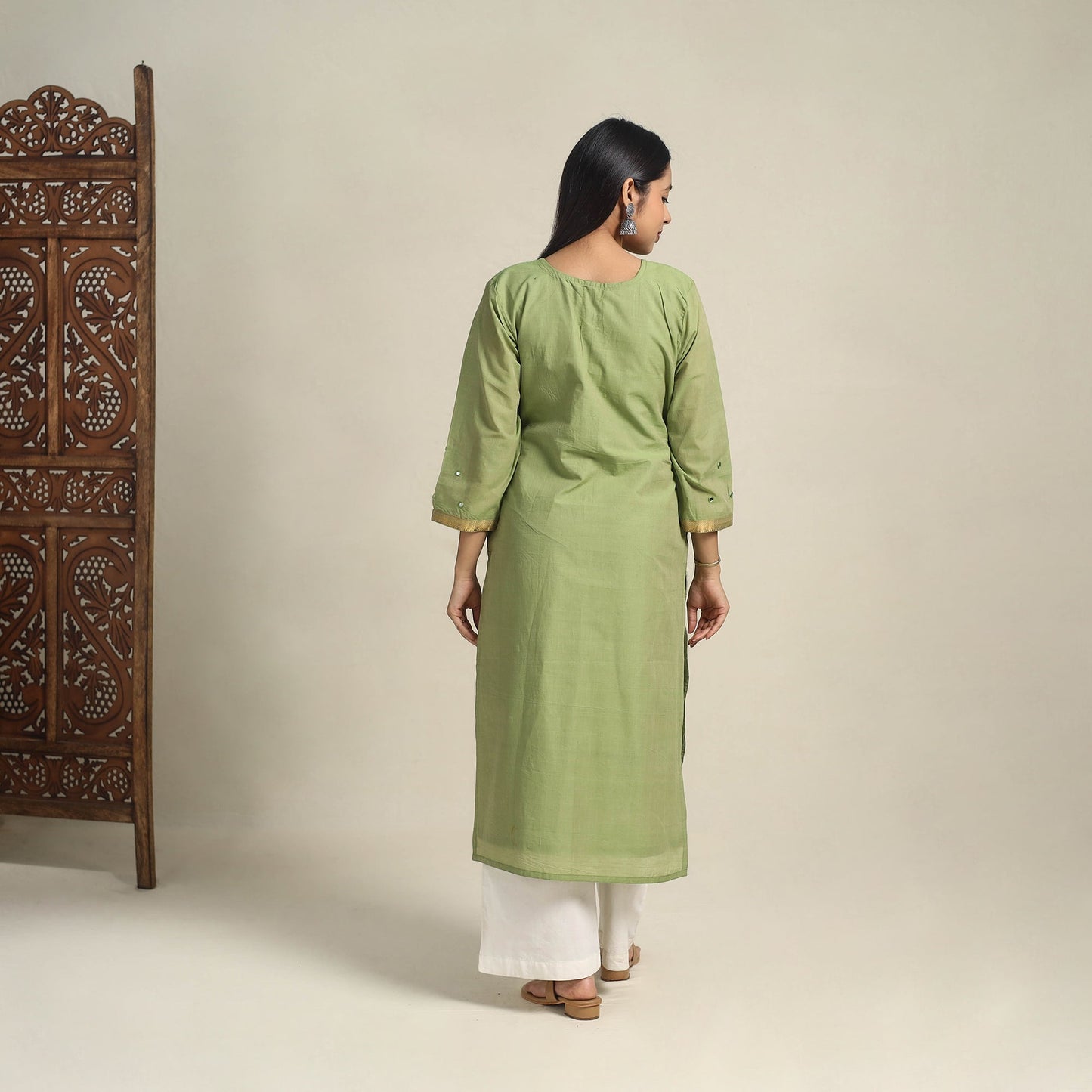 Handloom Cotton Mirror Work Green Straight Mangalagiri Kurta for Women