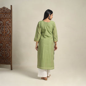 Handloom Cotton Mirror Work Green Straight Mangalagiri Kurta for Women