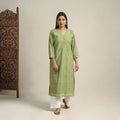 Handloom Cotton Mirror Work Green Straight Mangalagiri Kurta for Women